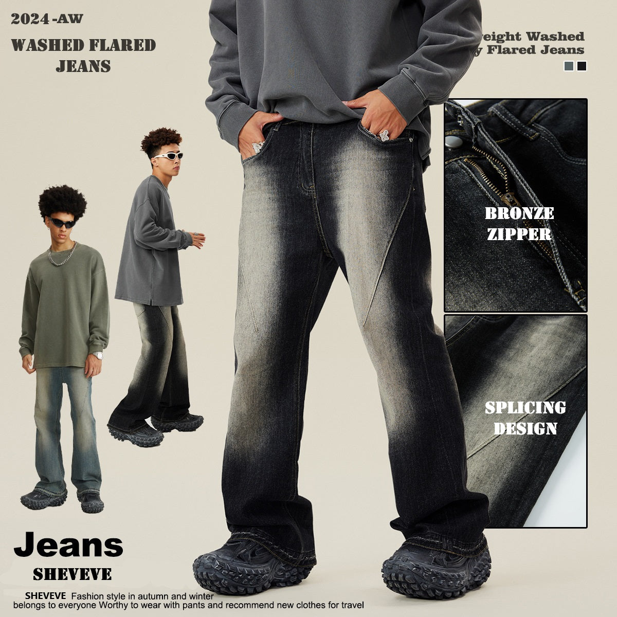 In 2024, the men's fashion flared jeans trousers of the new American loose and trendy brand, featuring a washed and destroyed vibe style.