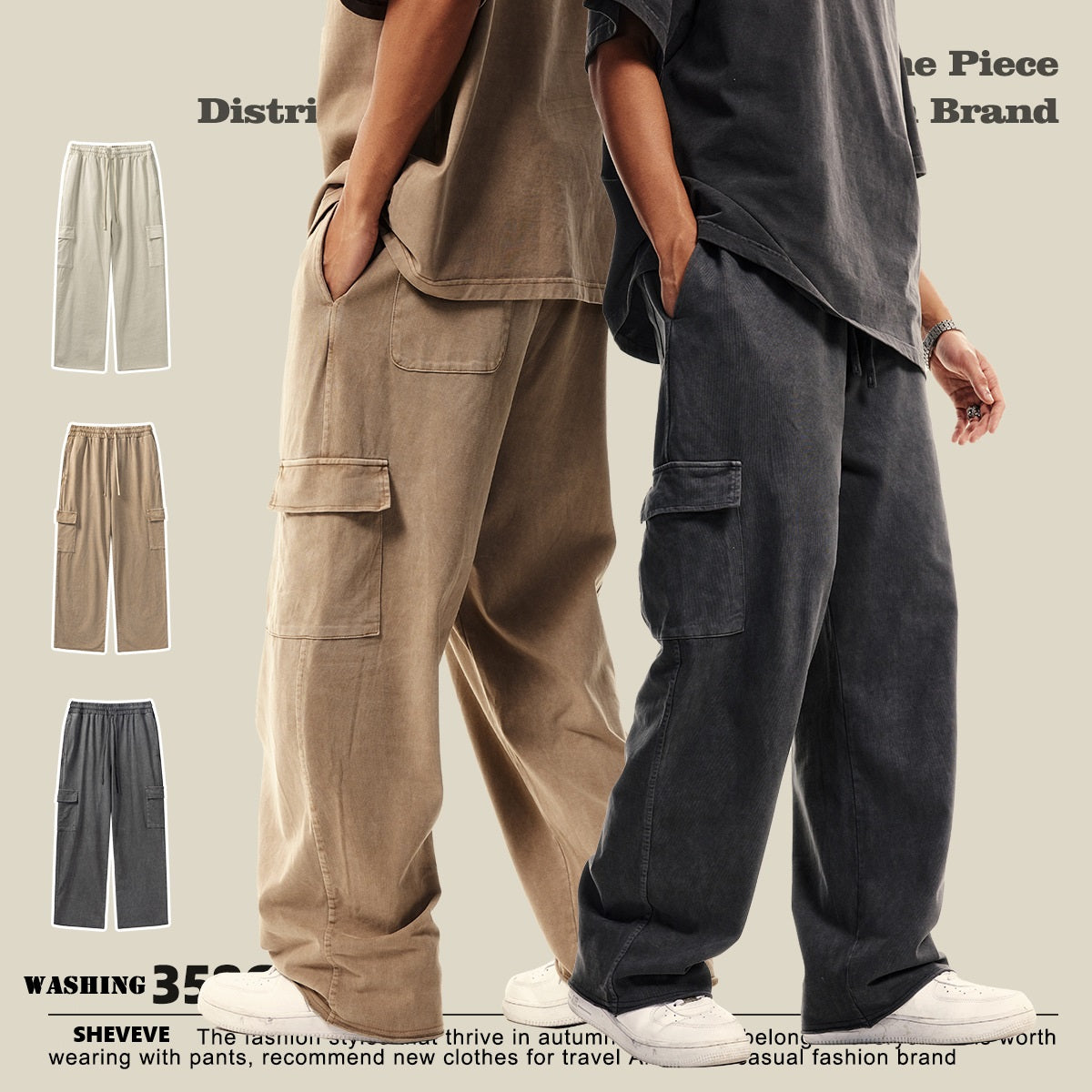 Men's new trousers with multiple pockets. Straight-cut street workwear-style casual washed retro loose pants for men.