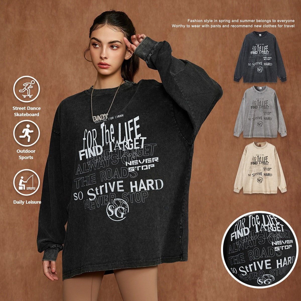 Fashionable retro-style men's and women's clothing. Washed printed T-shirts with a loose and casual design. Round neck long-sleeved tops. Letter-printed round neck autumn and winter new long-sleeve T-shirts.