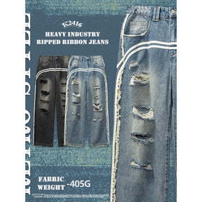 2024 Men's Four Seasons American Retro Trend High Street Old Ruffian Style Handsome Loose Wide-Leg Mopping Jeans.