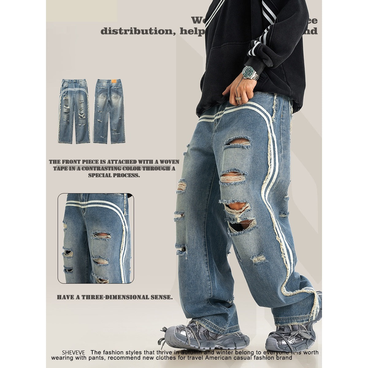 2024 Men's Four Seasons American Retro Trend High Street Old Ruffian Style Handsome Loose Wide-Leg Mopping Jeans.