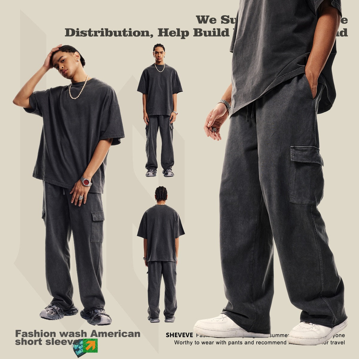 Men's new trousers with multiple pockets. Straight-cut street workwear-style casual washed retro loose pants for men.