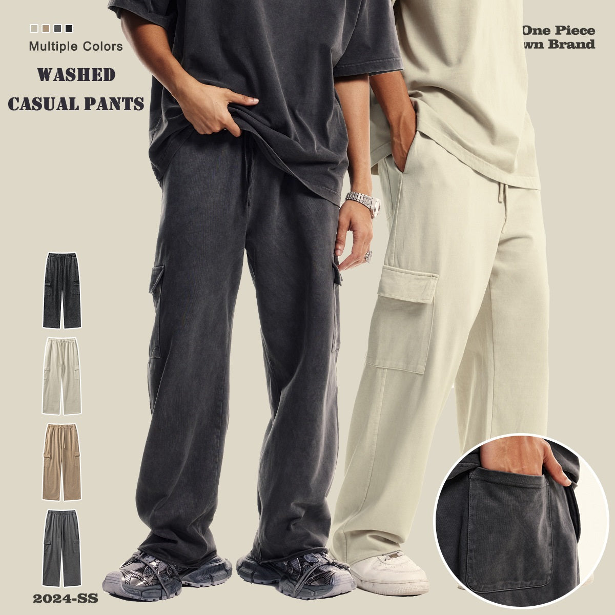 Men's new trousers with multiple pockets. Straight-cut street workwear-style casual washed retro loose pants for men.