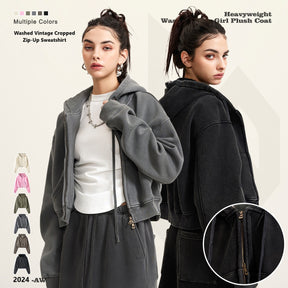 Women's 2024 autumn and winter retro washed hot girl sweater zipper jacket, plus velvet distressed short cardigan top for women.