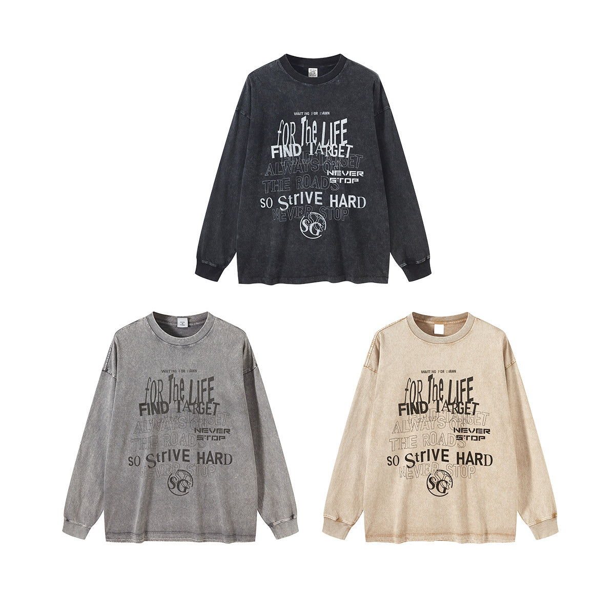 Fashionable retro-style men's and women's clothing. Washed printed T-shirts with a loose and casual design. Round neck long-sleeved tops. Letter-printed round neck autumn and winter new long-sleeve T-shirts.