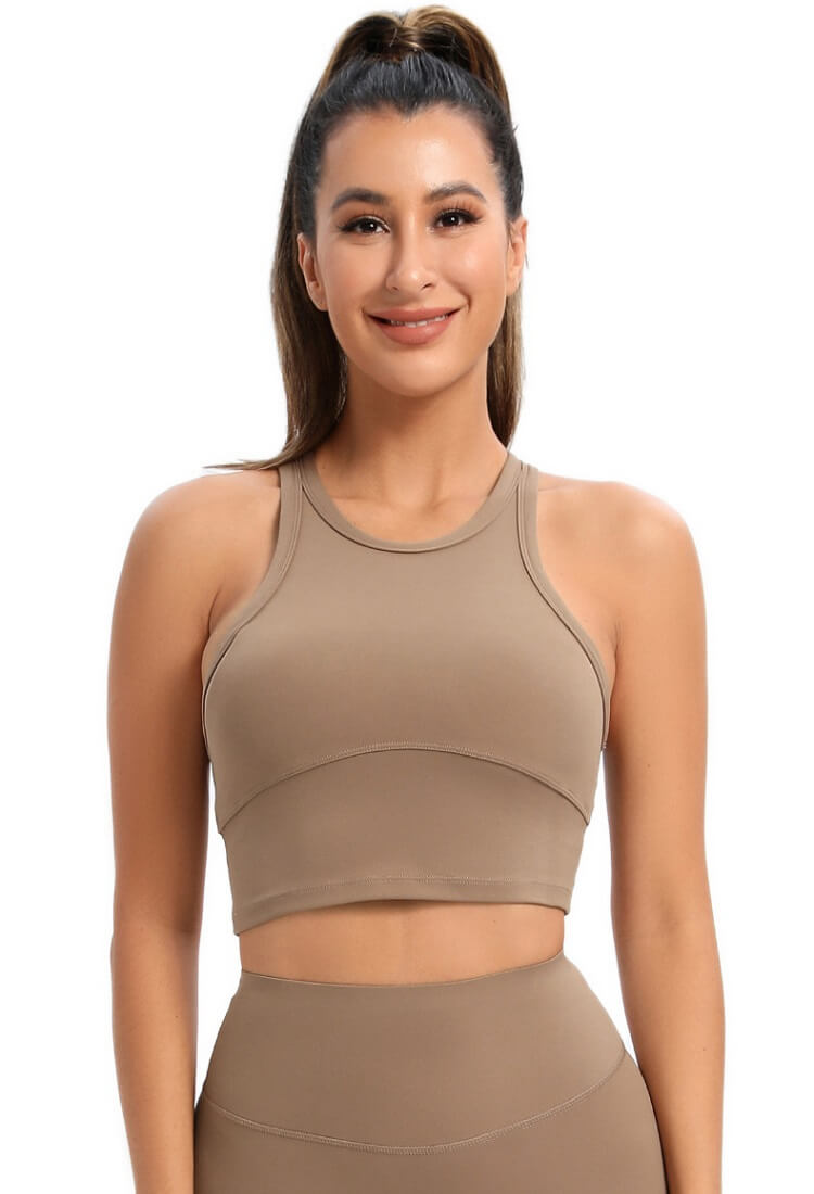 Workout Crop Tops for Women - High Neck Crop Tops Push Up Crop Tops Lycra Crop Top Built n Shock Absorber Sports Bra - Cocoa Color | Sheveve.com