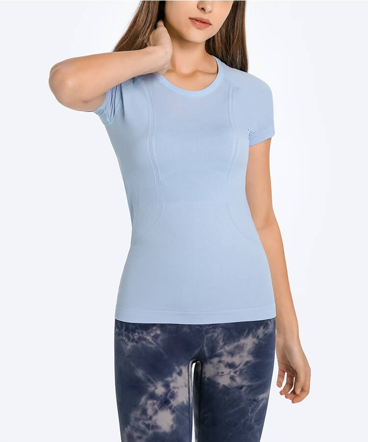 Short Sleeve T Shirt for Women - Compression Superdry T Shirt Round Neck T Shirt Fitness Shirt for Yoga Running - Salt Water Blue  | Sheveve.com