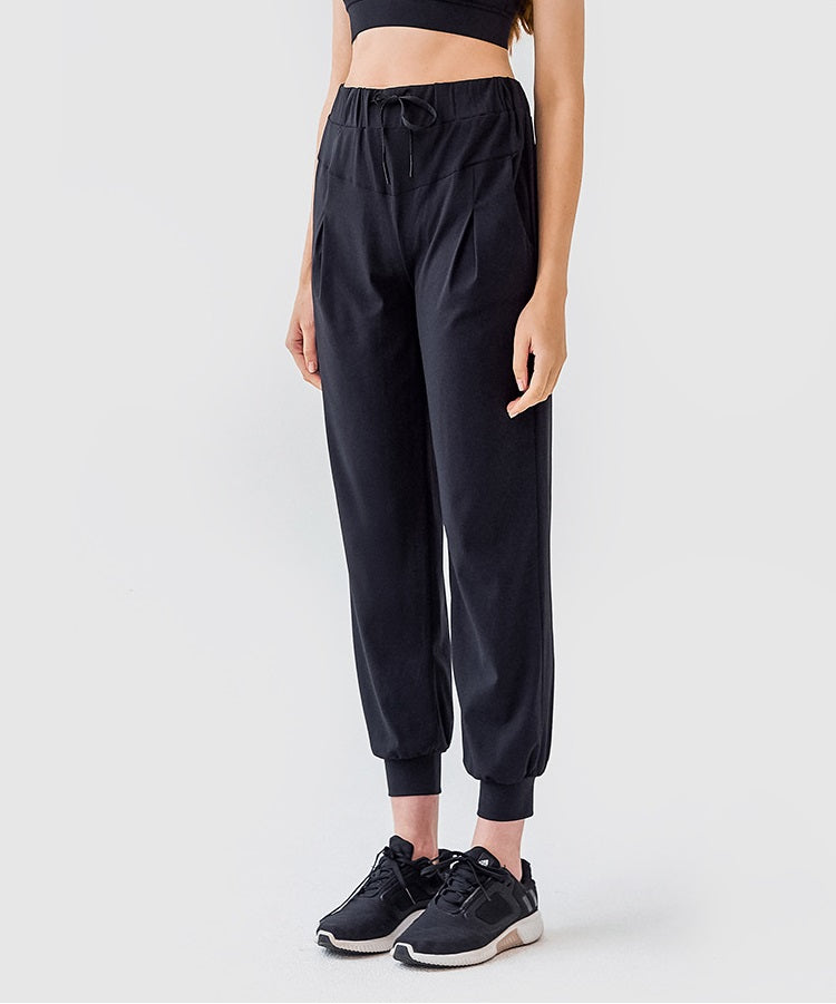 Cropped Joggers Womens - High Rise Joggers with Pockets Nylon Spandex Joggers High Waisted Drawstring Joggers - Black | Sheveve.com