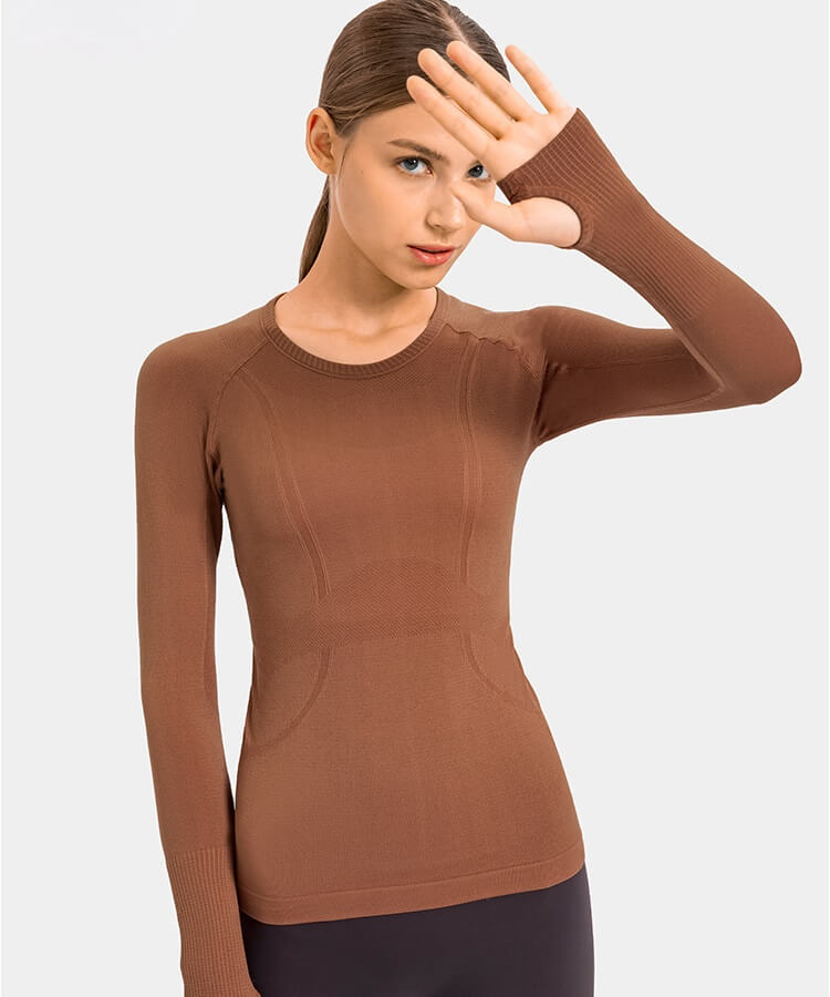 Women's Long Sleeve T Shirts with Thumb Holes - Crew Neck T Shirts Slim Fit Shirts Yoga Shirts Running Shirts for Fall, Winter - Clay Brown | Sheveve.com