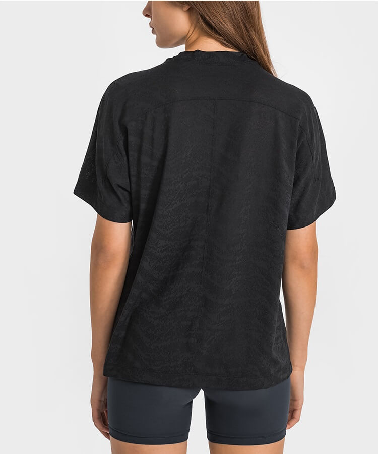 Women's Short Sleeve T Shirts - High Neck T Shirt Loose T Shirt Breathable T Shirt Jacquard Shirts for Spring Summer - Black - Back | Sheveve.com