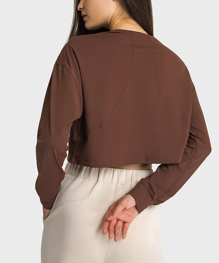 Brown Coffee Long Sleeve Crop Tops for Women - Loose Long Sleeve Crop Tops Workout Seamless Long Sleeve Crop Top for Yoga Running - Back | Sheveve.com