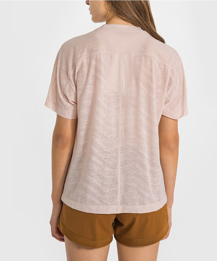 Women's Short Sleeve T Shirts - High Neck T Shirt Loose T Shirt Breathable T Shirt Jacquard Shirts for Spring Summer - Ballet Pink - Back | Sheveve.com