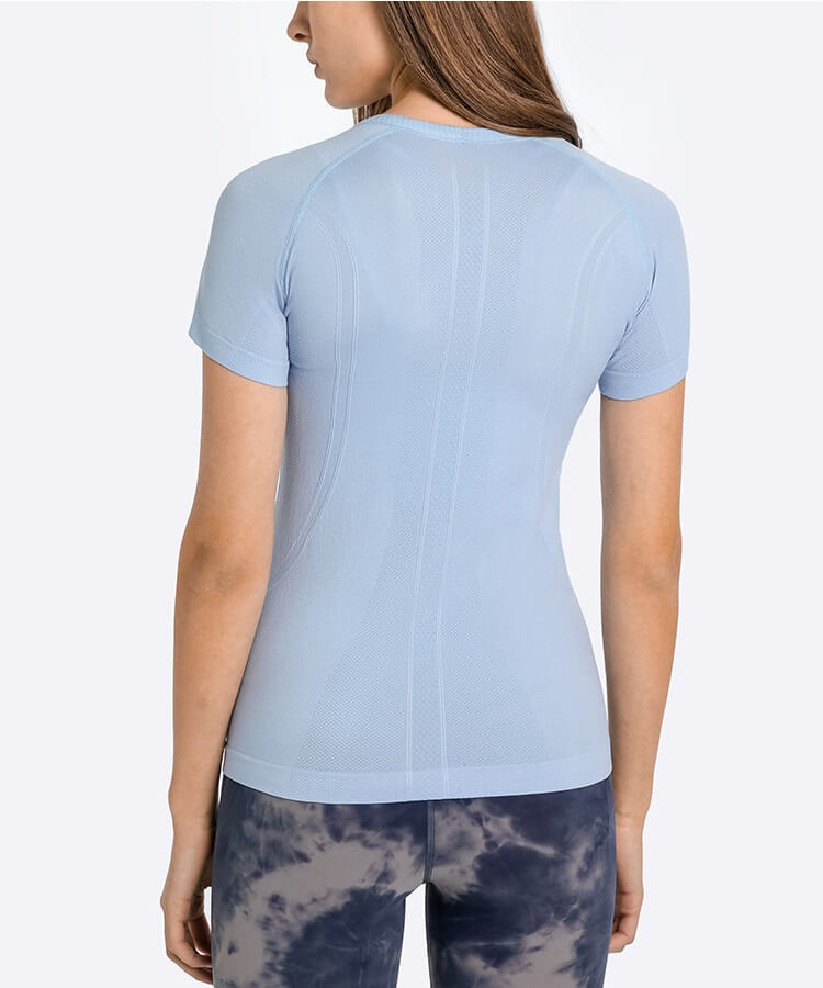 Short Sleeve T Shirt for Women - Compression Superdry T Shirt Round Neck T Shirt Fitness Shirt for Yoga Running - Salt Water Blue - Back | Sheveve.com