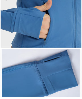 Yoga Jackets for Women - Sports Jackets Super Dry Jackets Zip Up Jackets Define Jacket for Yoga Workout - Dutch Blue - Thumb Hole Details | Sheveve.com