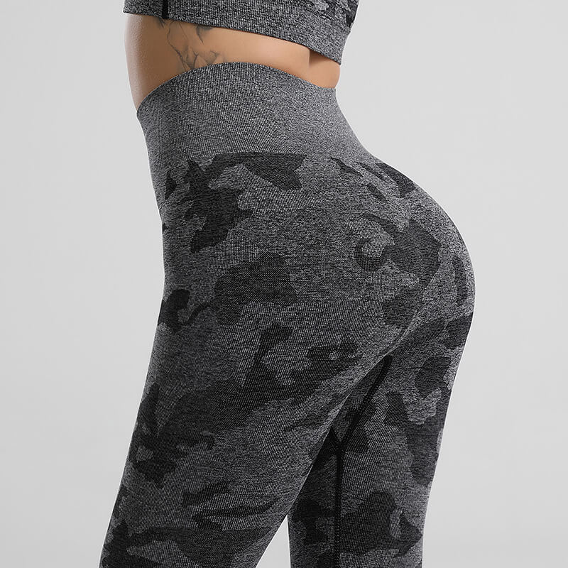 Black Camo Leggings Women - Seamless Camo Leggings, High Waist Tummy Control Camo Gym Leggings for Ladies - Back  | Sheveve.com