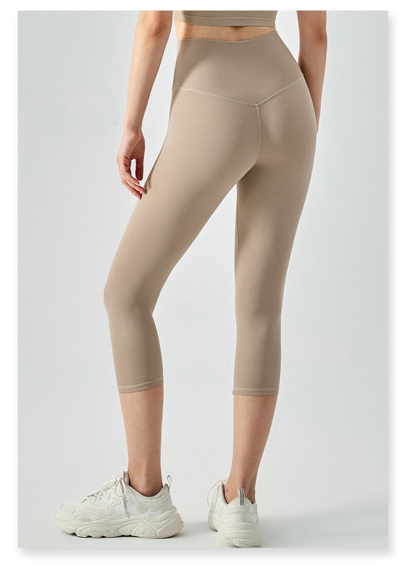 Women's Khaki Capris Leggings - High Waisted Capris Leggings with Tummy Control, Lightweight Summer Capri Leggings - Back | Sheveve.com