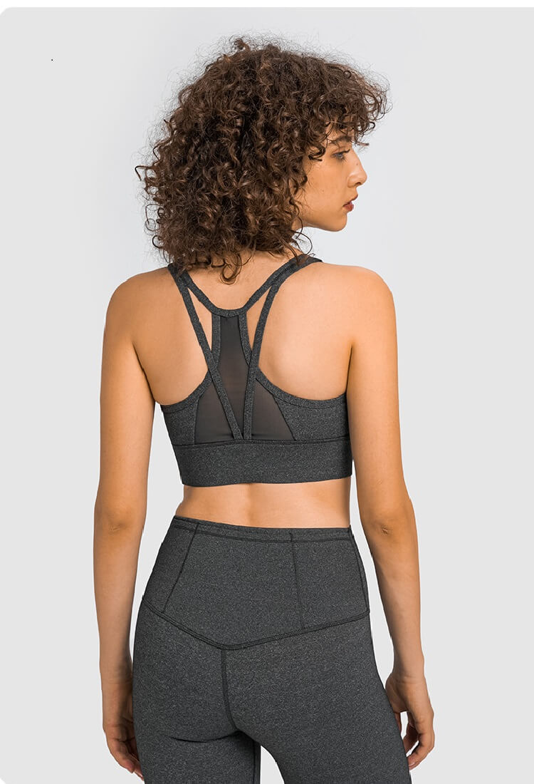 High Support Sports Bra - Cross Back Sports Bra Yoga Gym Running Sports Bra Moving Comfort Sports Bra U Neck Crop Tops - Charcoal Gray - Back | Sheveve.com