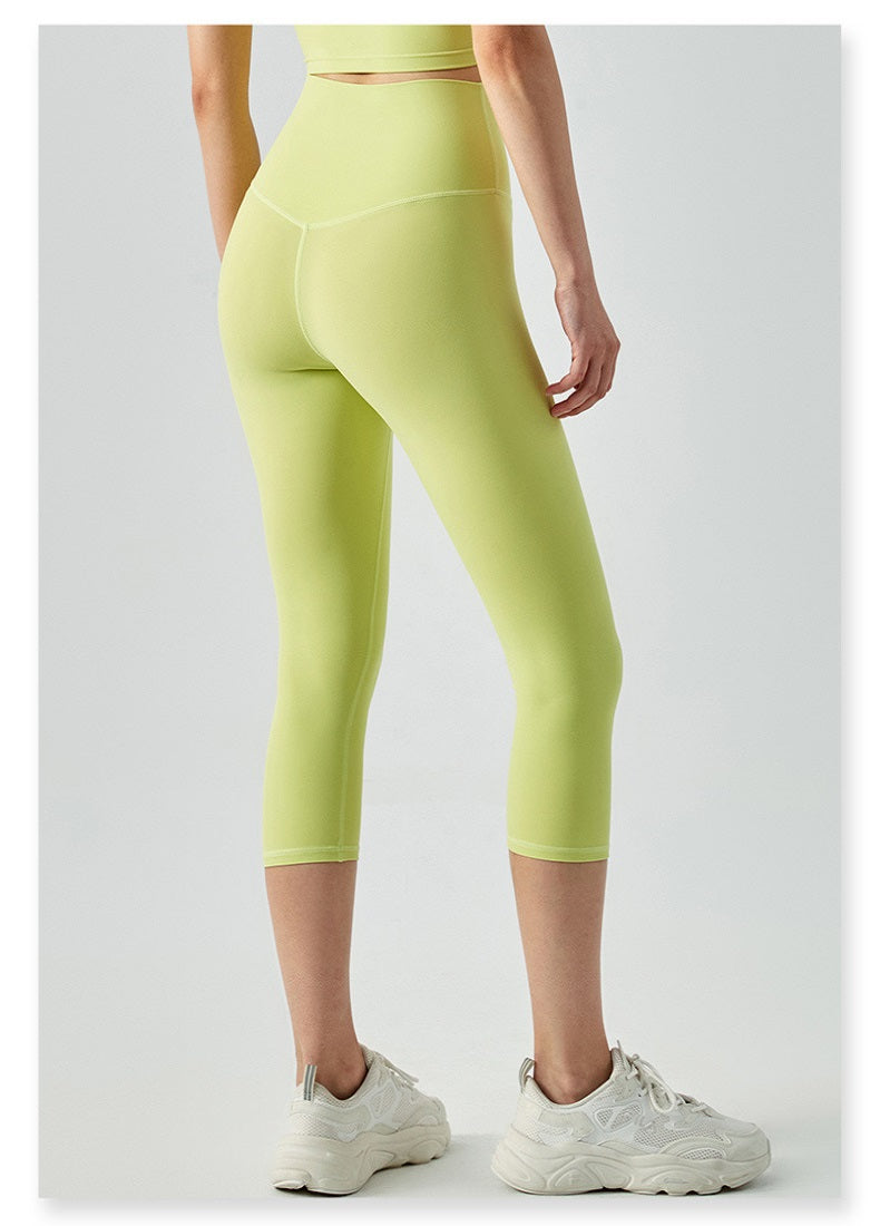 Women's Lime Green Capris Leggings - High Waisted Capris Leggings with Tummy Control, Lightweight Summer Capri Leggings - Back | Sheveve.com