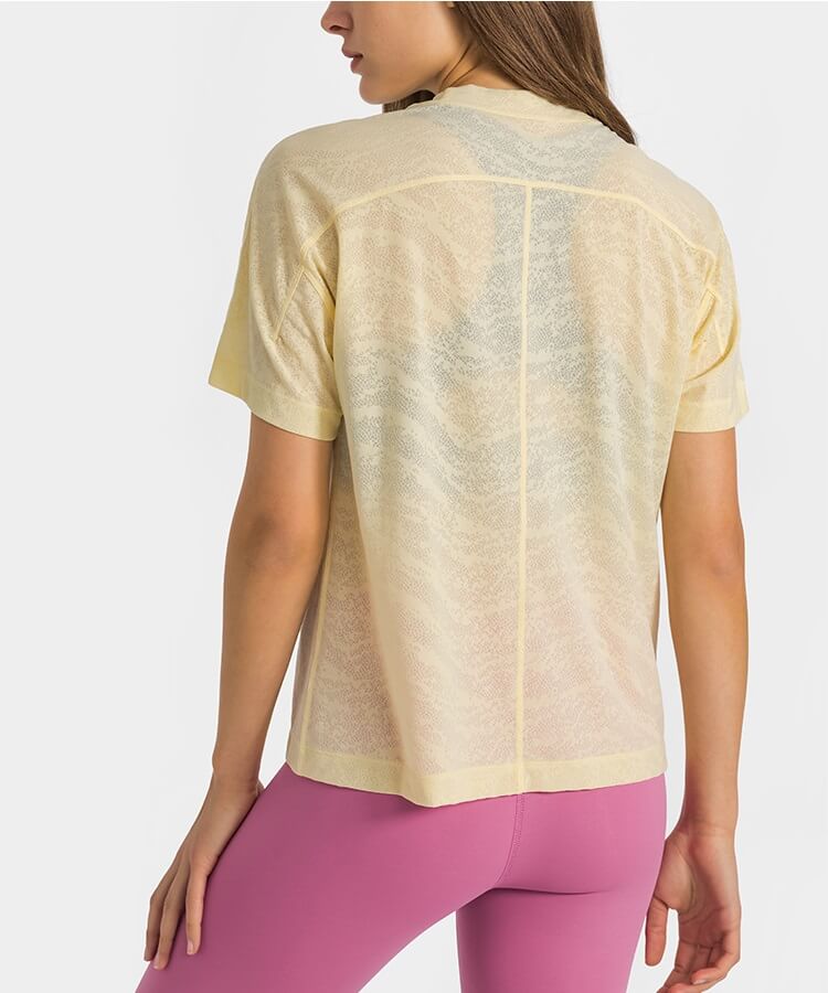 Women's Short Sleeve T Shirts - High Neck T Shirt Loose T Shirt Breathable T Shirt Jacquard Shirts for Spring Summer - Pearly Yellow - Back | Sheveve.com