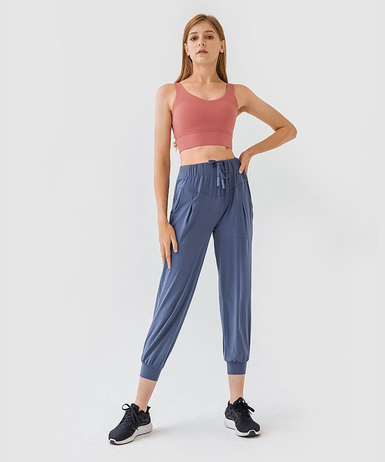 Cropped Joggers Womens - High Rise Joggers with Pockets Nylon Spandex Joggers High Waisted Drawstring Joggers - Code Blue | Sheveve.com