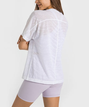 Women's Short Sleeve T Shirts - High Neck T Shirt Loose T Shirt Breathable T Shirt Jacquard Shirts for Spring Summer - White - Back | Sheveve.com