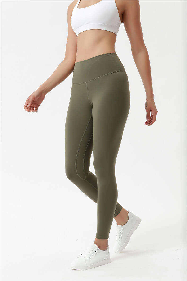 Tight Yoga Pants for Ladies - High Rise Yoga Pants Seamless Yoga Pants with Hidden Waistband Pocket - Army Green - Front | Sheveve.com