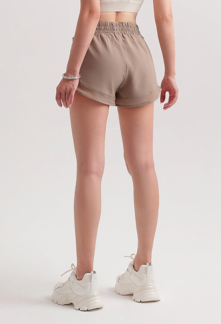 Women's Khaki Sports Shorts - High Rise Sports Shorts Lined Sports Short with Mesh Pockets for Running, Yoga, Gym - Back | Sheveve.com