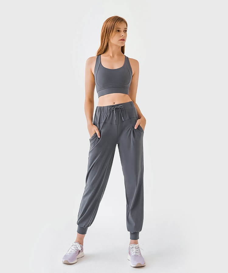 Cropped Joggers Womens - High Rise Joggers with Pockets Nylon Spandex Joggers High Waisted Drawstring Joggers | Sheveve.com