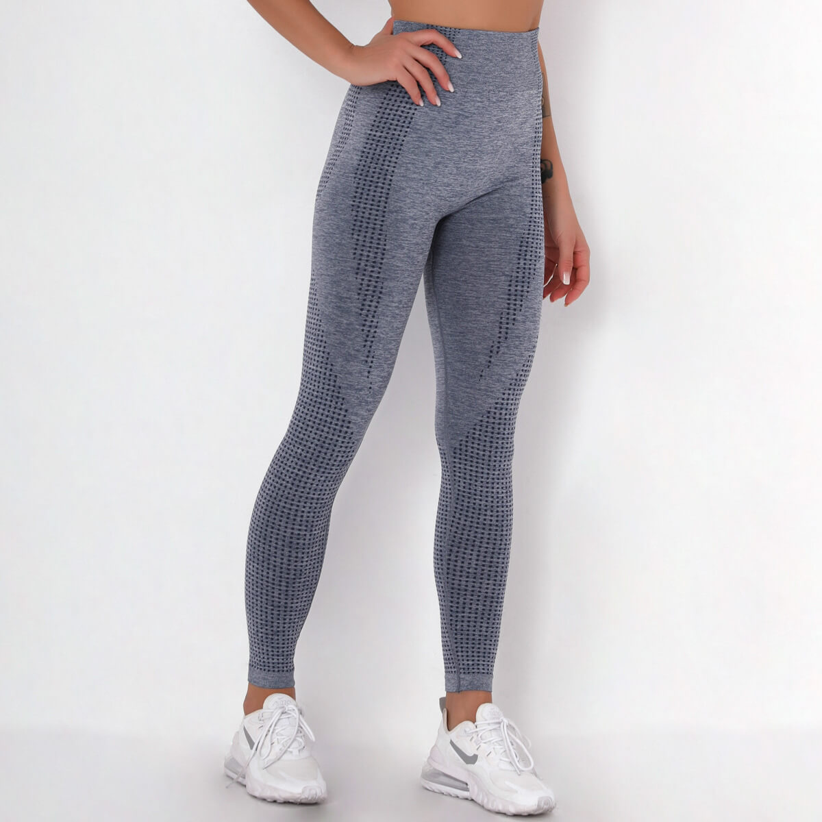 WOMEN'S GYM LEGGINGS - HIGH WAISTED GYM LEGGINGS, VITAL SEAMLESS LEGGINGS FOR GYM WORKOUT - Navy Blue Marl -Side  | Sheveve.com