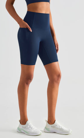 Women's Navy Blue Leggings Shorts with Pockets - Tight Leggings Shorts, High Waist Leggings Shorts Seamless Leggings Shorts | Sheveve.com