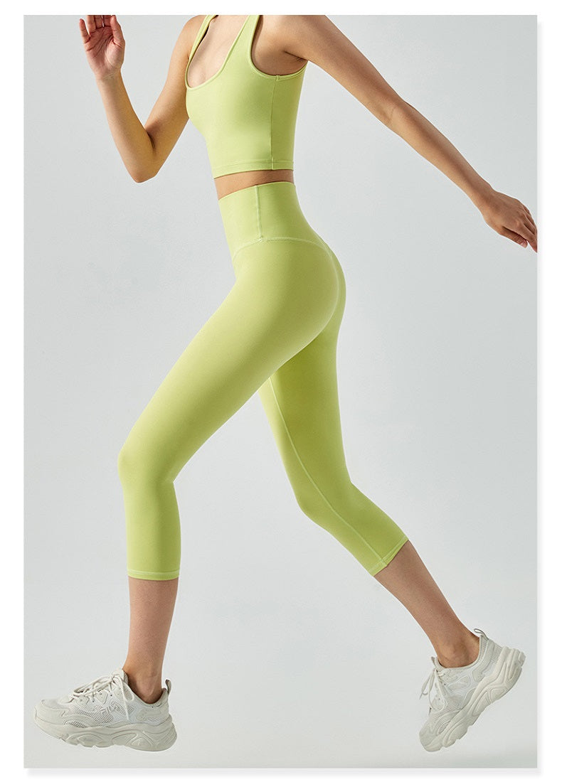 Women's Lime Green Capris Leggings - High Waisted Capris Leggings with Tummy Control, Lightweight Summer Capri Leggings - Side | Sheveve.com