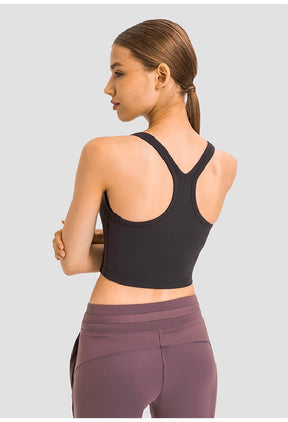 Women's Crop Tops - Sleeveless Crop Tops Built in Sports Bra, Gym Crop Tops Yoga Crop Tops Running Crop Tops for Spring Summer - Dark Soot - Back | Sheveve