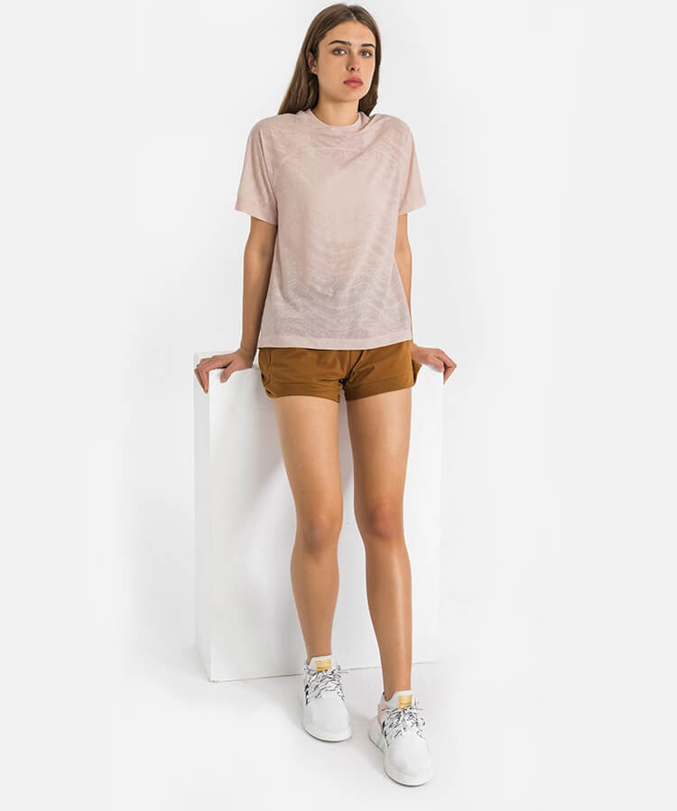 Women's Short Sleeve T Shirts - High Neck T Shirt Loose T Shirt Breathable T Shirt Jacquard Shirts for Spring Summer - Ballet Pink | Sheveve.com