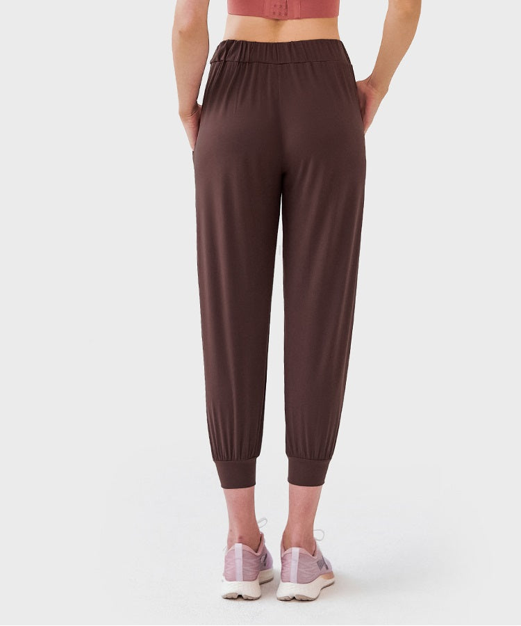 Cropped Joggers Womens - High Rise Joggers with Pockets Nylon Spandex Joggers High Waisted Drawstring Joggers - Chestnut Brown - Back | Sheveve.com