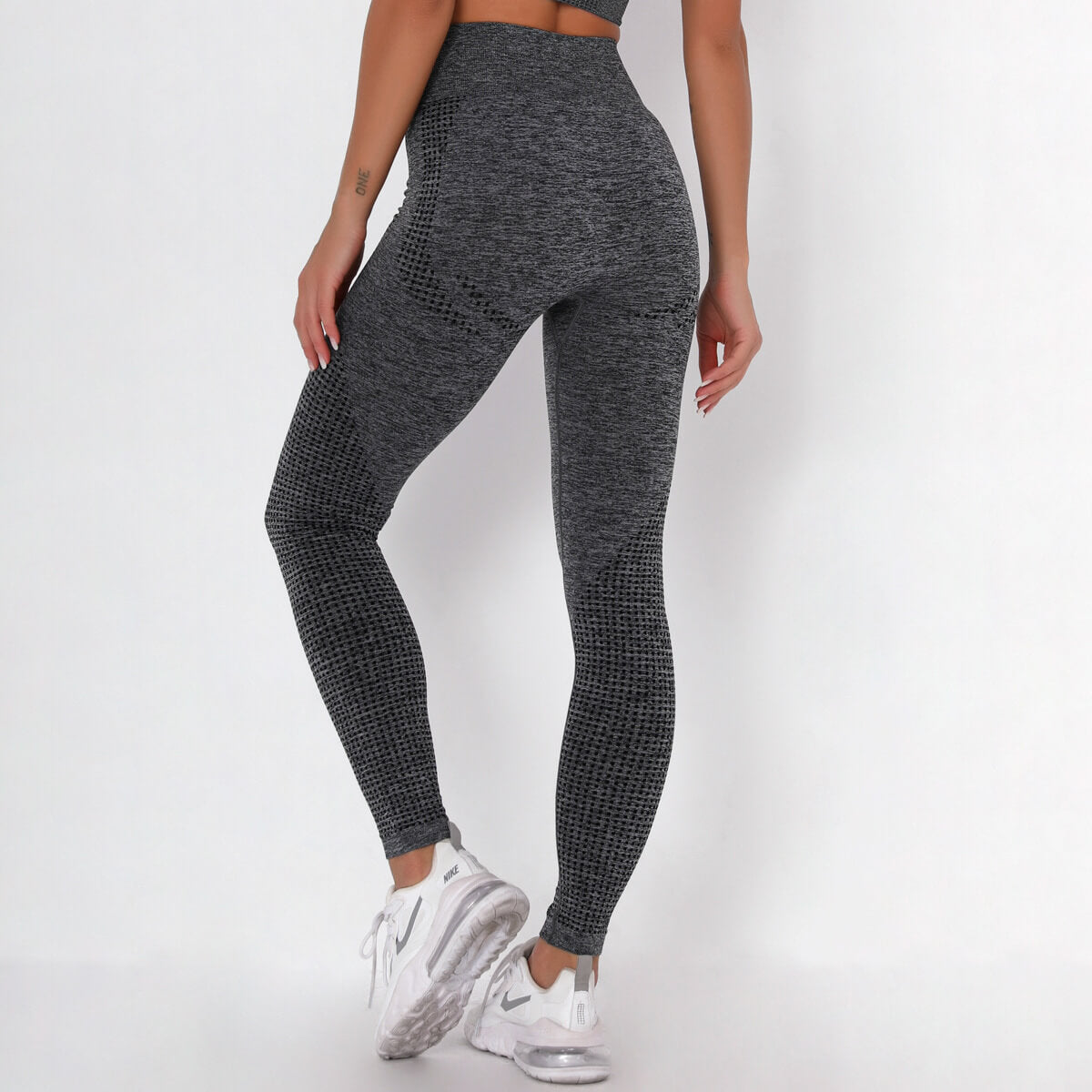 WOMEN'S GYM LEGGINGS - HIGH WAISTED GYM LEGGINGS, VITAL SEAMLESS LEGGINGS FOR GYM WORKOUT - Dark Grey Marl - Back | Sheveve.com