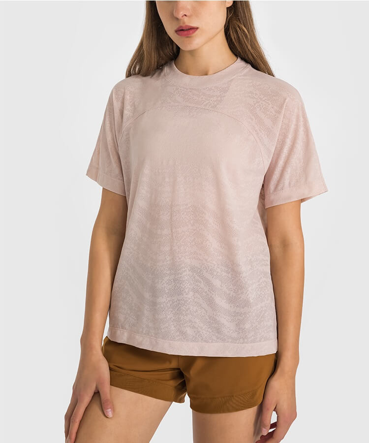 Women's Short Sleeve T Shirts - High Neck T Shirt Loose T Shirt Breathable T Shirt Jacquard Shirts for Spring Summer - Ballet Pink | Sheveve.com