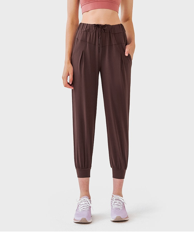 Cropped Joggers Womens - High Rise Joggers with Pockets Nylon Spandex Joggers High Waisted Drawstring Joggers - Chestnut Brown | Sheveve.com