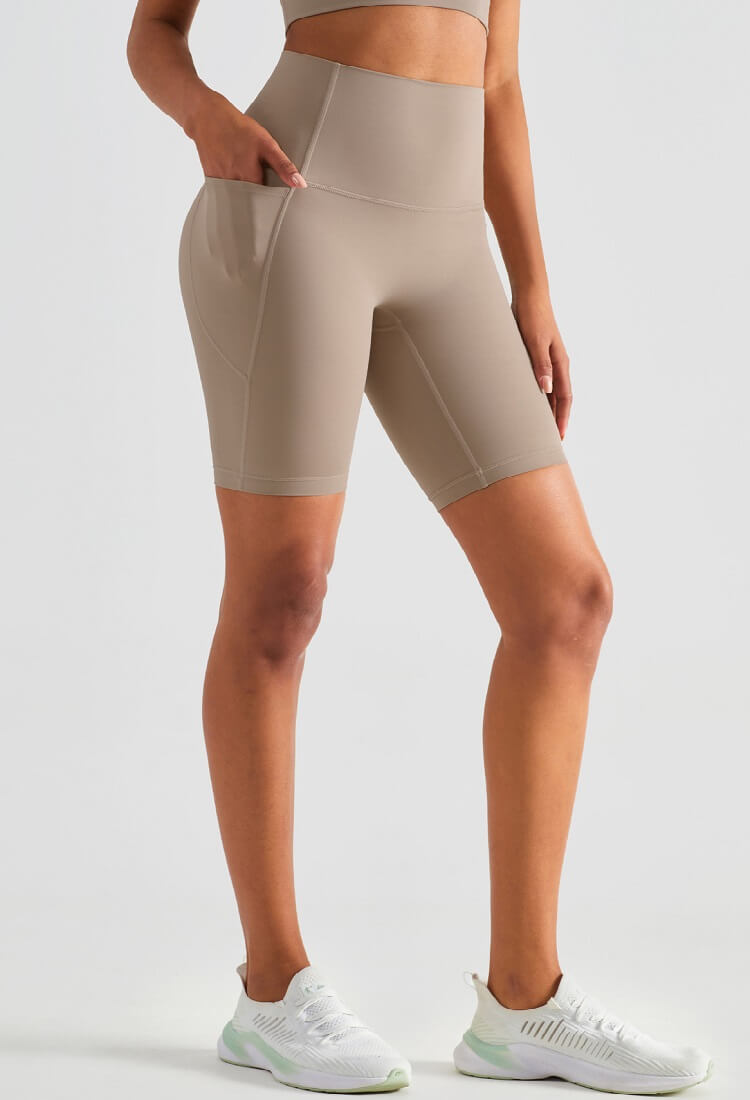 Women's Khaki Leggings Shorts with Pockets - Tight Leggings Shorts, High Waist Leggings Shorts Seamless Leggings Shorts - Vital | Sheveve.com