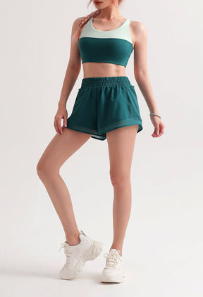 Women's Lake Green Sports Shorts - High Rise Sports Shorts Lined Sports Short with Mesh Pockets for Running, Yoga, Gym | Sheveve.com