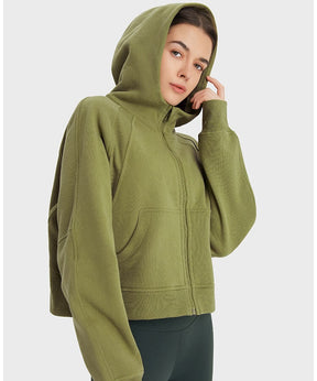 Women's Cropped Zip Up Hoodie - Cropped Zipper Hoodie Thicken Hoodie Warm Fleece Hoodie for Autumn Winter - Licorice Green | Sheveve.com