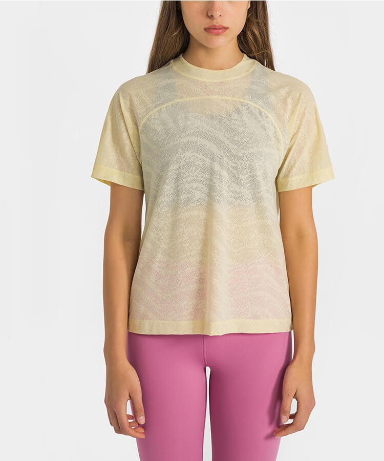 Women's Short Sleeve T Shirts - High Neck T Shirt Loose T Shirt Breathable T Shirt Jacquard Shirts for Spring Summer - Pearly Yellow | Sheveve.com